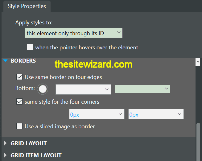 Style properties panel with expanded BORDERS section