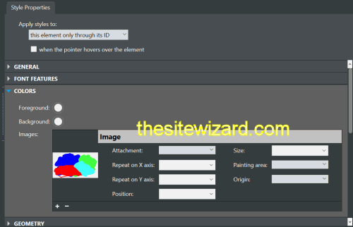 Style Properties panel with section for configuring the background image