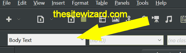 Top toolbar with arrow pointing to Body Text field