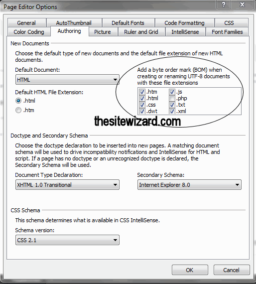 Page Editor Options with the BOM section circled