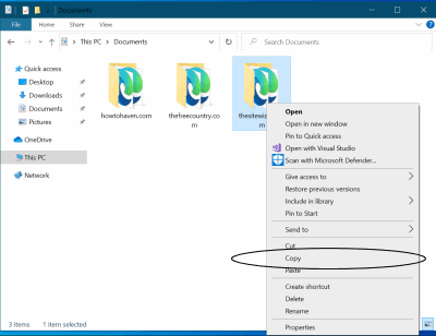 Windows 10 context menu with Copy